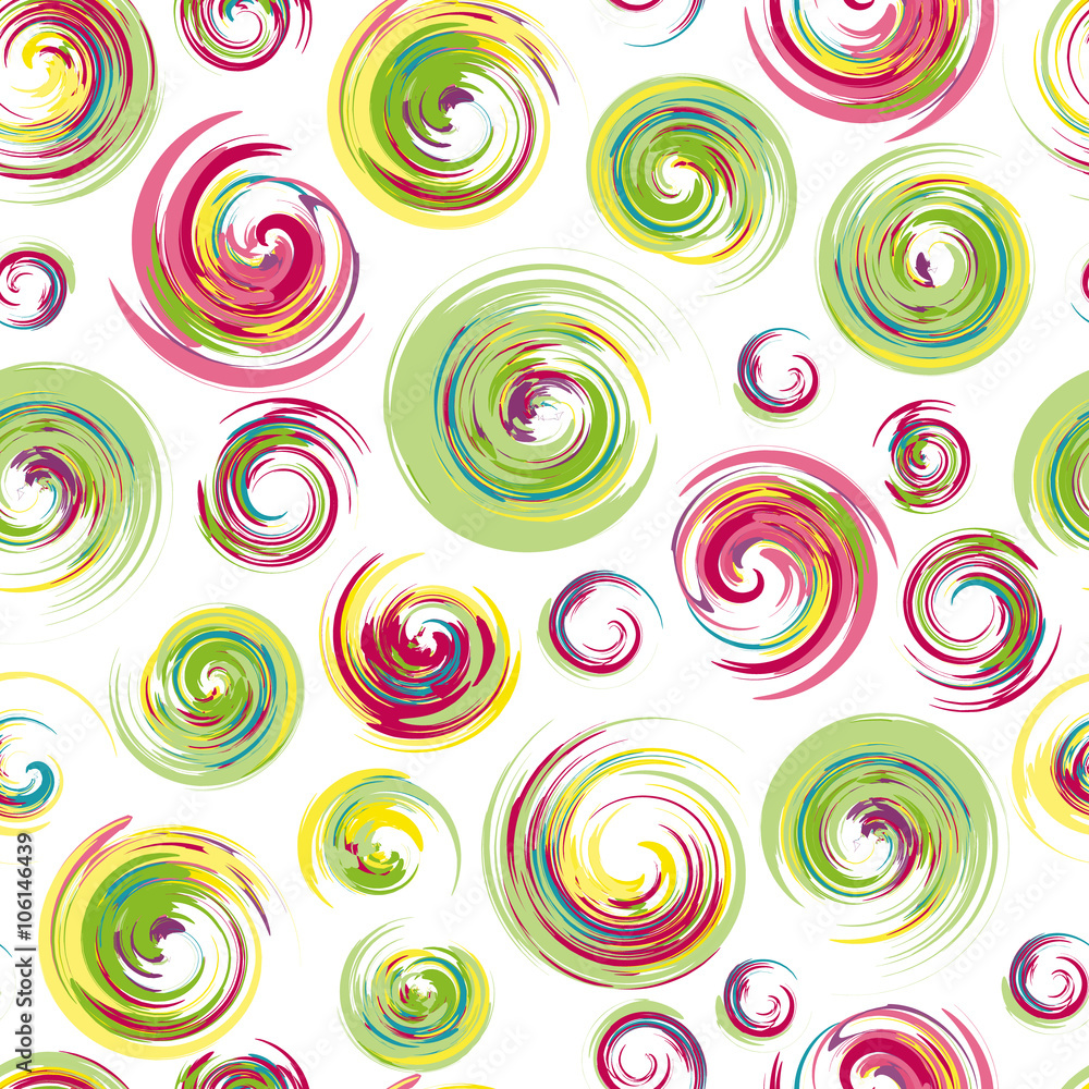 Dry brush hand drawn sketch artsy background, seamless pattern in bright happy  colours, messy grunge brush strokes, circles and swirls on white background.