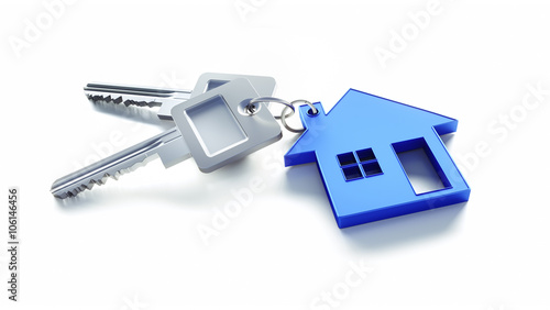 Schlüssel mit blauem Haus auf Weiß 1