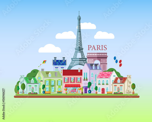 Flat stylish vector illustration for Paris, France. Travel and tourism concept. Flat design urban landscape.