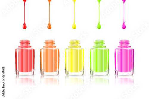 Vivid Rainbow nail polish bottles. Multicolored drips isolated on white background. Vector illustration eps10: mesh and gradient. Colourful Manicure. For cosmetics fashion beauty advertising.