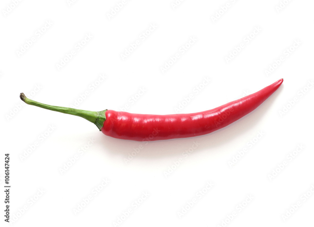 One single red hot chili pepper isolated on a white background