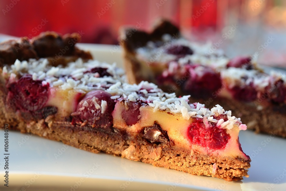 tart with cherries, chocolate, cream, coconut tart with cherries, chocolate, cream, coconut