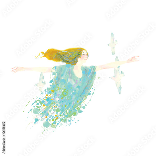 Woman and birds in the wind.