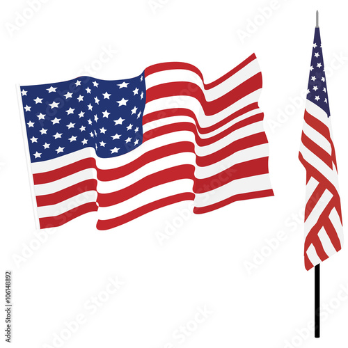 Waving american flag and flag on stand, usa flag vector set isolated