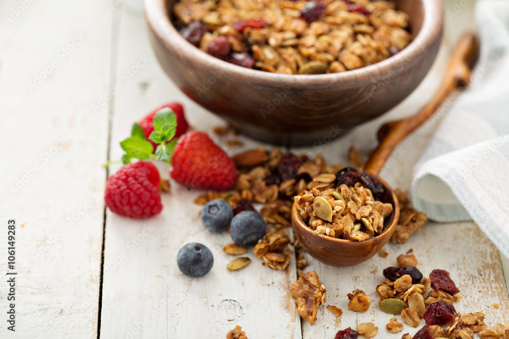 Homemade granola with milk for breakfast Homemade granola with milk for breakfast