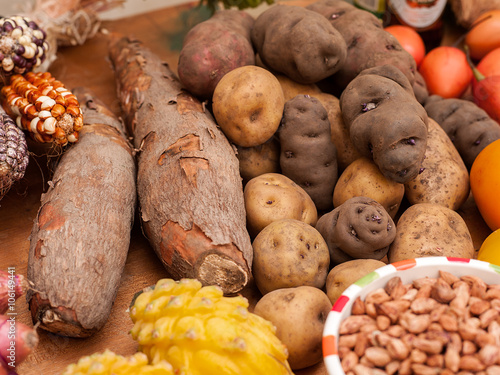 Assortment of Peruvian corn, potatoes, and yucca