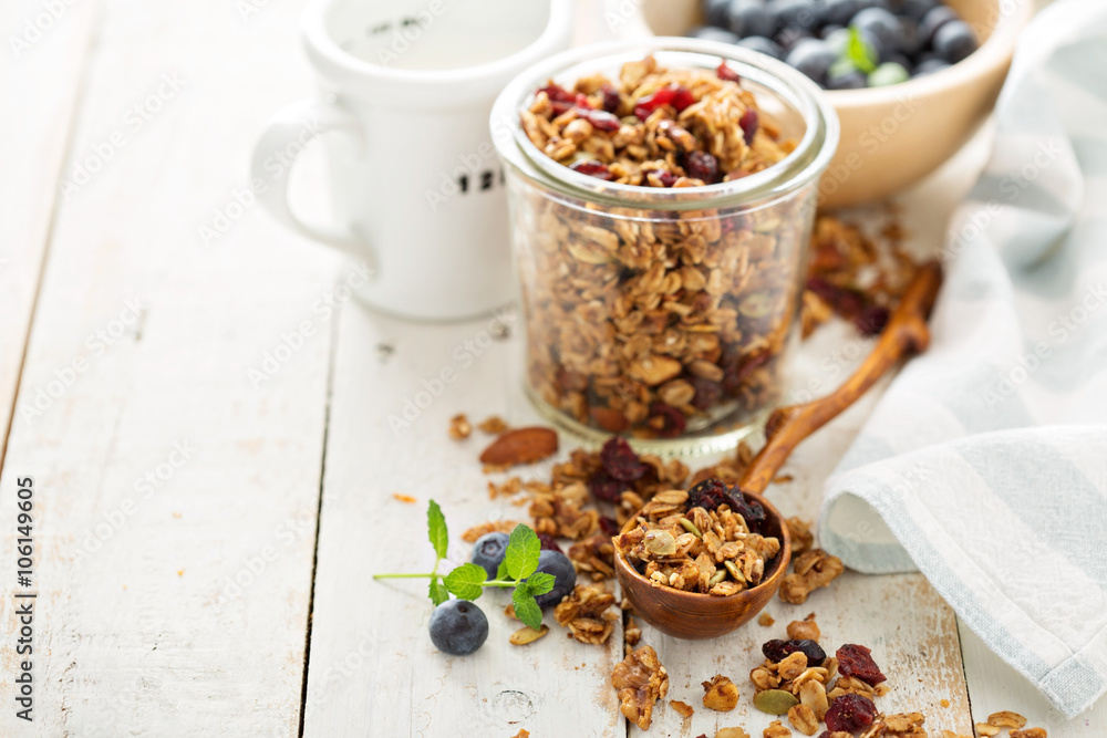 Homemade granola with milk for breakfast Homemade granola with milk for breakfast