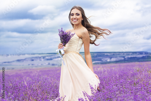 Happy bride at purple lavender field