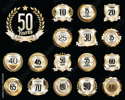 Set of Golden Anniversary Badges. Set of Golden Anniversary Signs. Gold and White. 