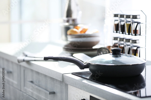 Pan with lid on modern elec...