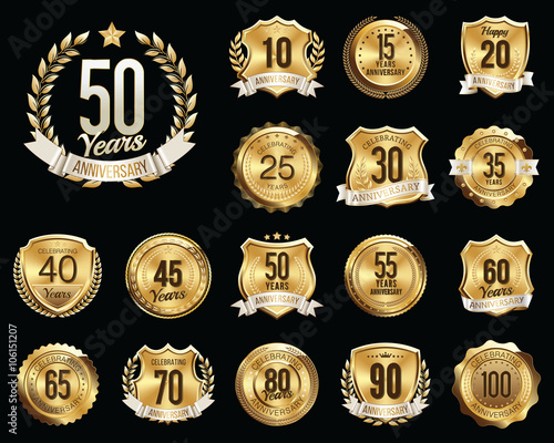 Set of Golden Anniversary Badges. Set of Golden Anniversary Signs.
Gold. 