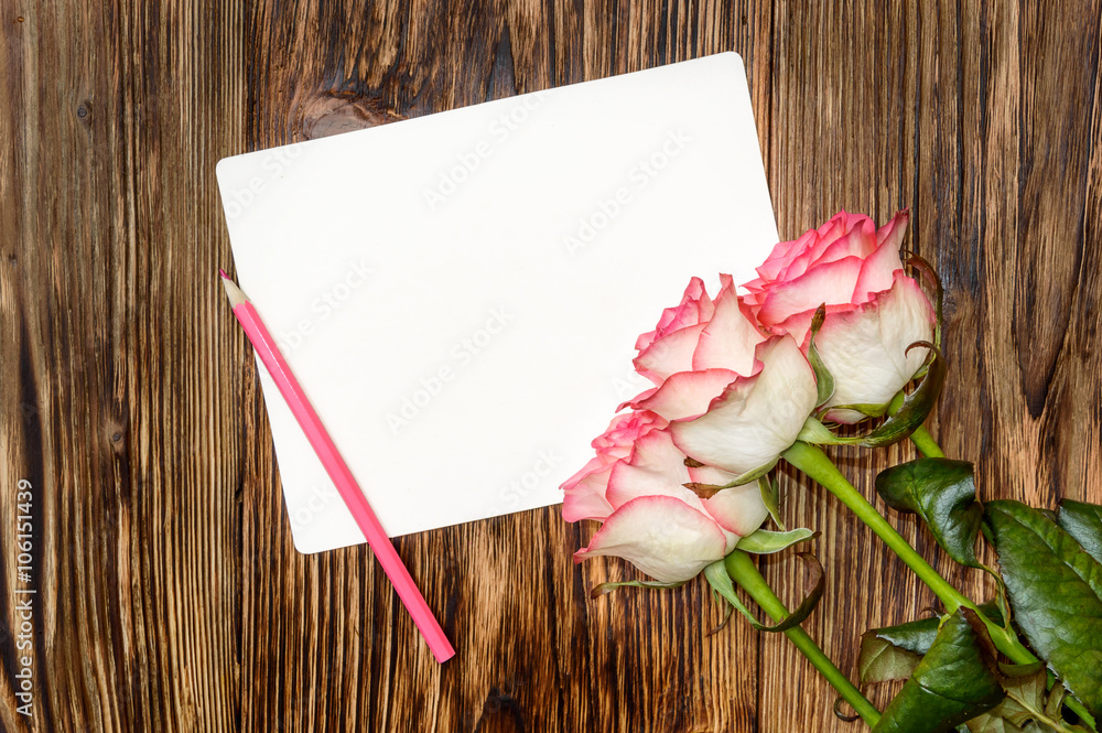 Greeting card. Roses with pink pencil and blank card Greeting card. Roses with pink pencil and blank card