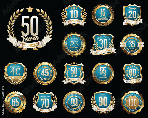 Set of Golden Anniversary Badges. Set of Golden Anniversary Signs.
Gold and Blue. 