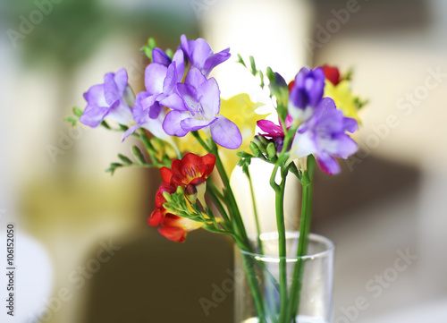 Beautiful bouquet of colorful freesias flowers on wooden table at living room