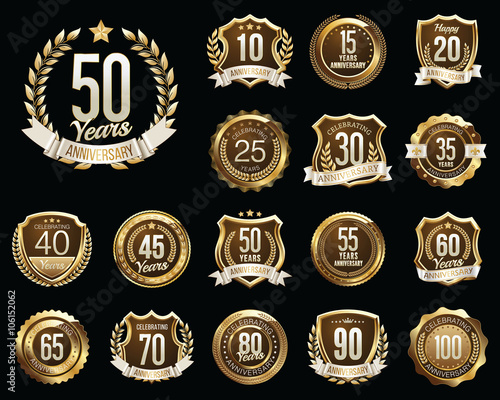 Set of Golden Anniversary Badges. Set of Golden Anniversary Signs. Gold and Brown. 