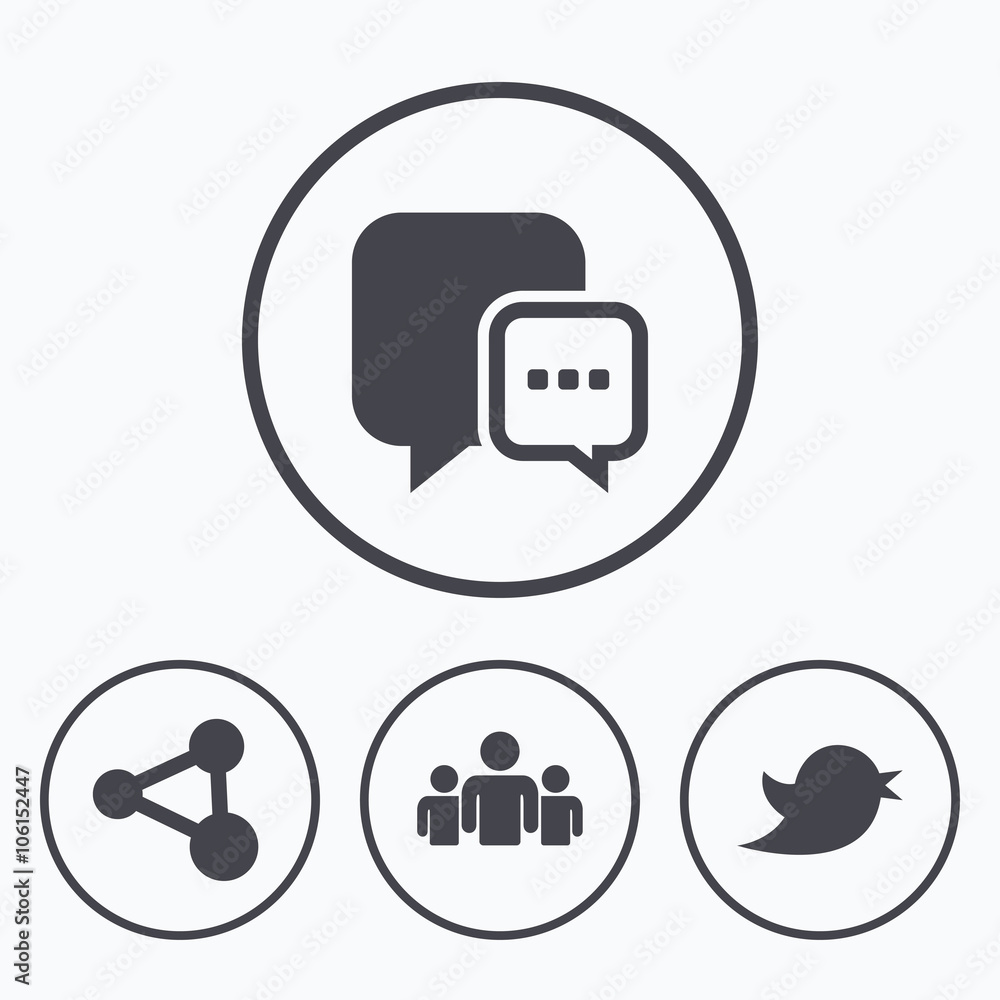 Social media icons. Chat speech bubble and Bird Social media icons. Chat speech bubble and Bird