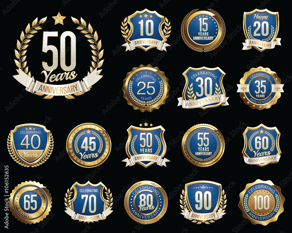 Set of Golden Anniversary Badges. Set of Golden Anniversary Signs.
Gold and Royal Blue. 
