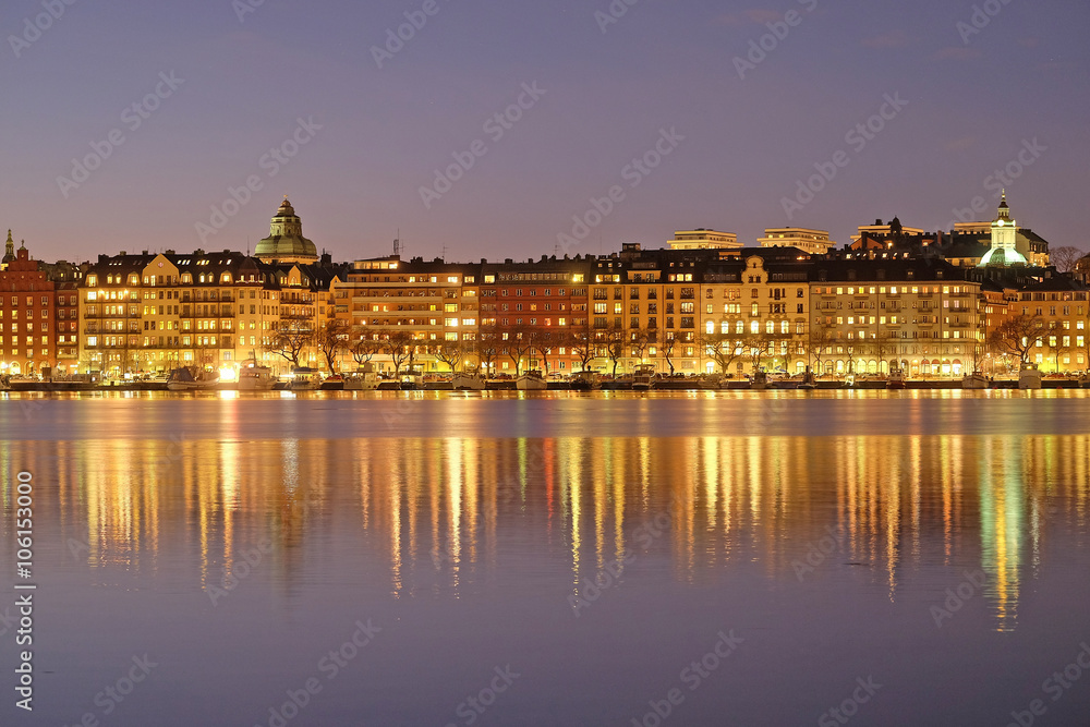 Stockholm, Sweden - March, 16, 2016: night landscape with the image of Stockholm, Sweden
