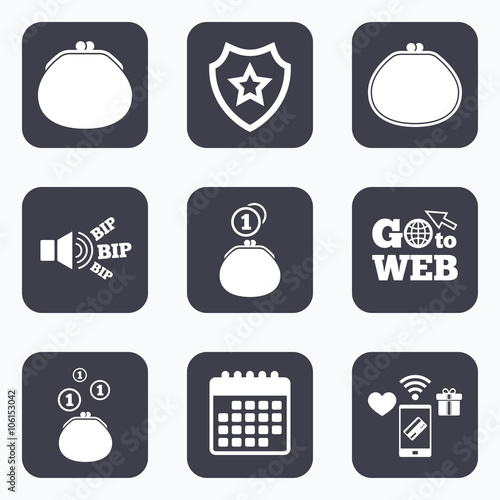 Wallet with coins icons. Cash bag signs.