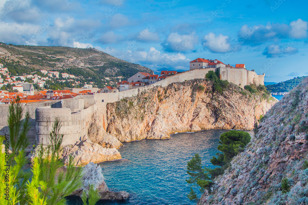 Panorama of the city of Dubrovnik, UNESCO site, old defense walls, fortress Bokar 