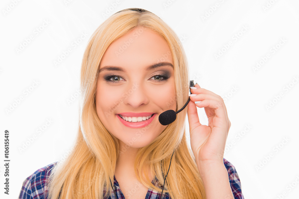 Portrait of happy young smiling agent of call center Portrait of happy young smiling agent of call center