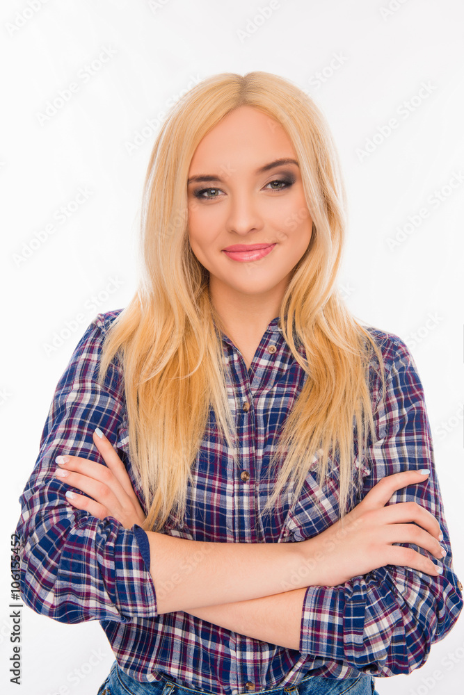 Close up portrait of attractive happy young girl with crossed ha Close up portrait of attractive happy young girl with crossed ha