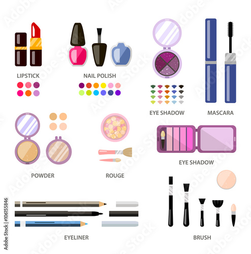 Set woman cosmetics, flat, makeup. Beauty store, shop