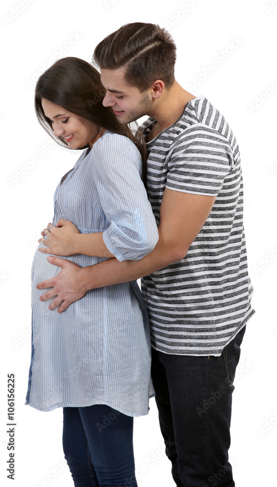 Young pregnant woman with husband isolated on white Young pregnant woman with husband isolated on white