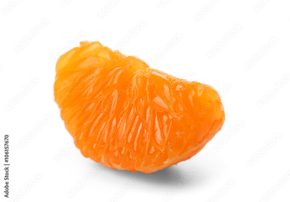 Peeled slice of juicy tangerine isolated on white background, close up Peeled slice of juicy tangerine isolated on white background, close up