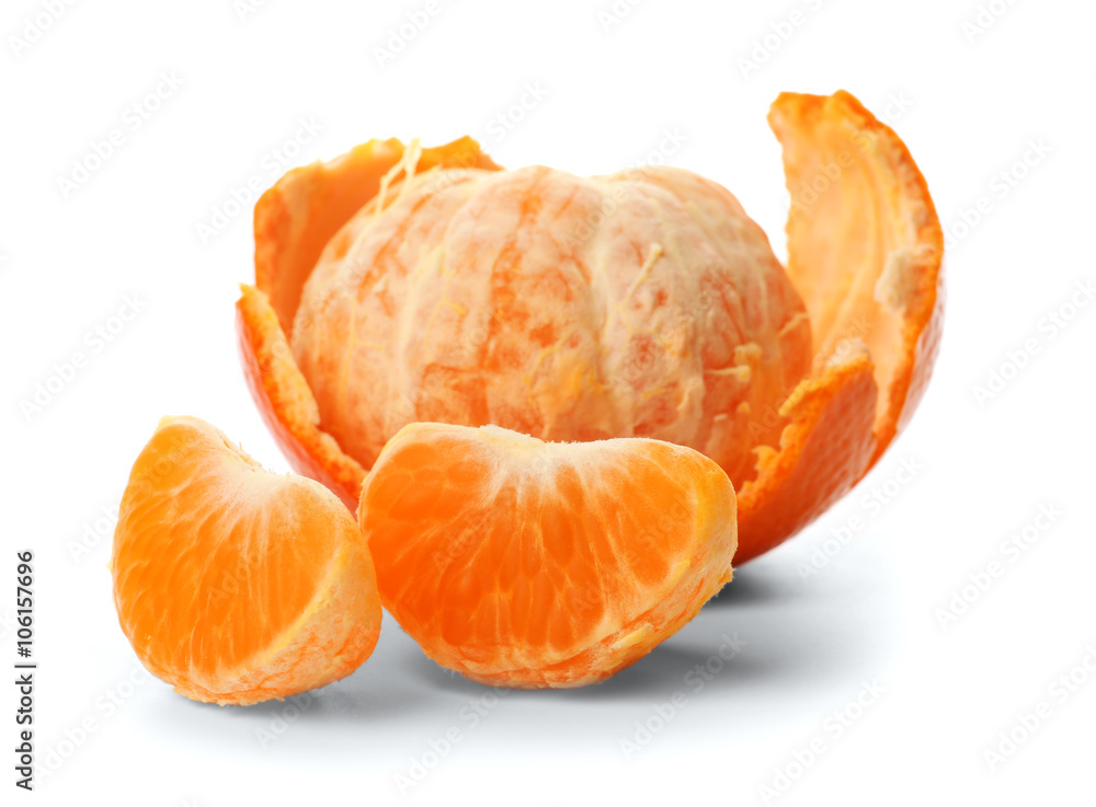 Fresh peeled tangerine with slices isolated on white background, close up Fresh peeled tangerine with slices isolated on white background, close up