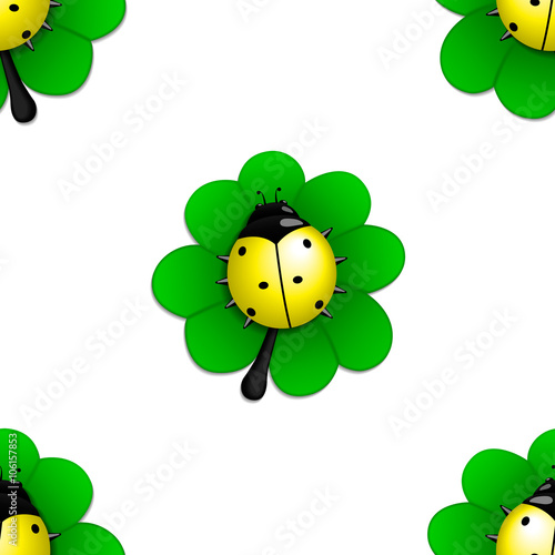 Seamless pattern with yellow ladybug on the green leave