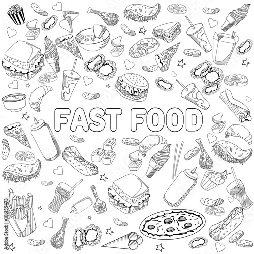 Fast food coloring book design vector line art