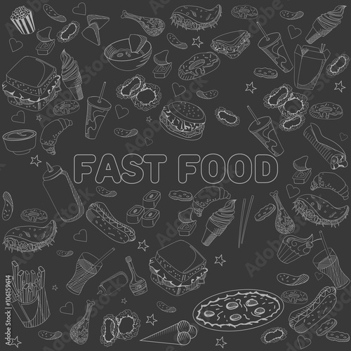 Fast food seamless design vector chalk line art