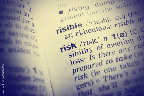 Close up of English dictionary page with word risk