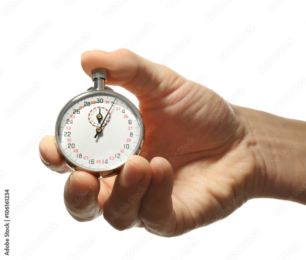 Stopwatch in hand isolated on white, close up Stopwatch in hand isolated on white, close up