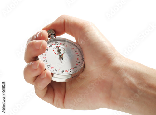 Obraz na plátně Stopwatch in hand isolated on white, close up