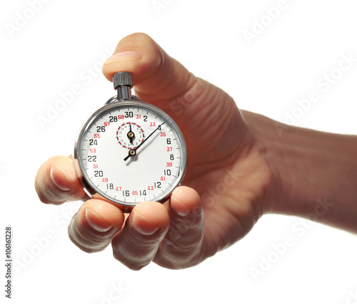 Stopwatch in hand isolated on white, close up