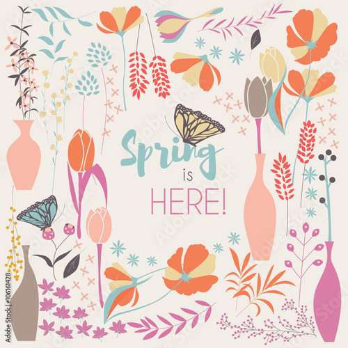 Floral spring card design, with hand drawn flowers, floral elements and monarch butterflies