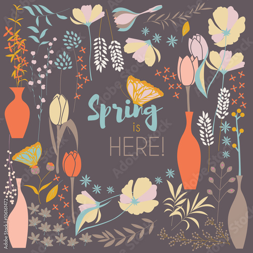 Floral spring card design, with hand drawn flowers, floral elements and monarch butterflies