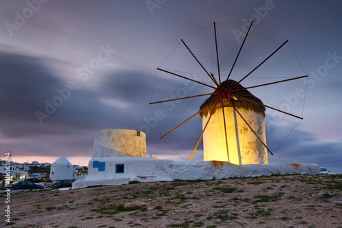 Old traditional windmills over the town of Mykonos.