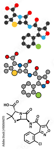 Cloxacillin antibiotic drug molecule.