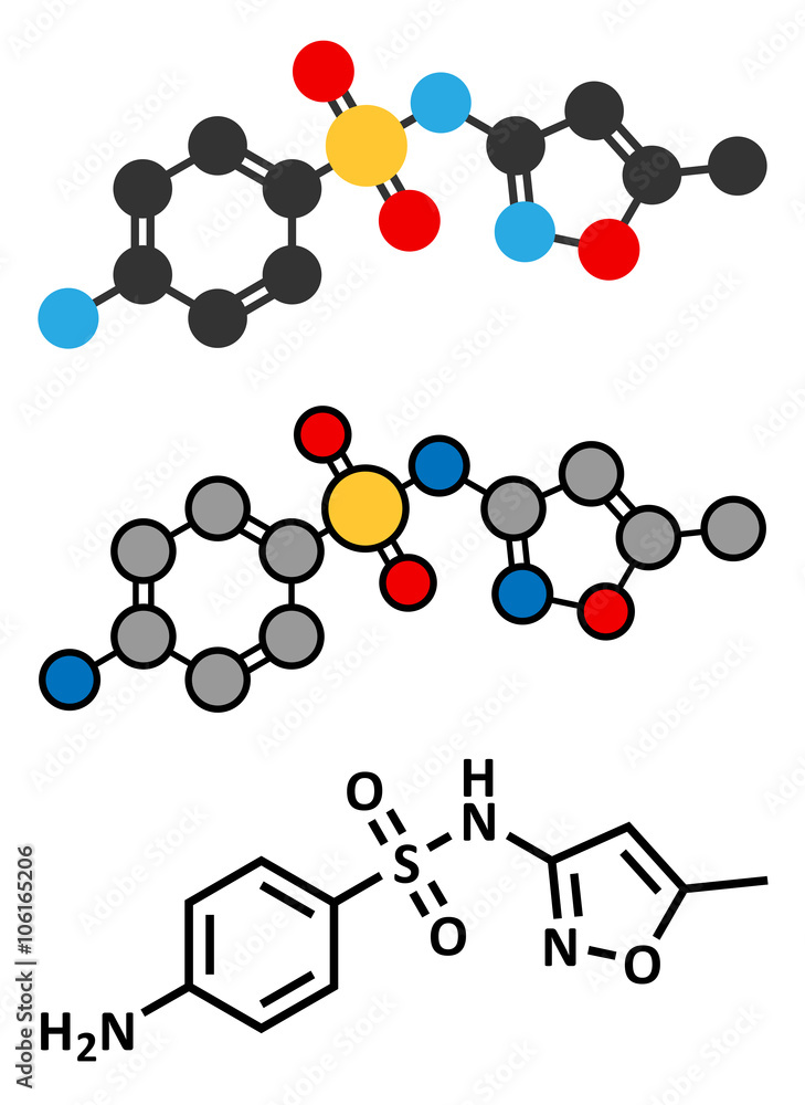 Sulfamethoxazole antibiotic drug molecule (sulfonamide class). Sulfamethoxazole antibiotic drug molecule (sulfonamide class).