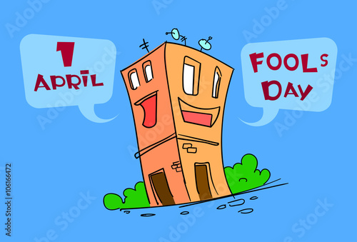 Funny House Building Cartoon Character Fool Day April Holiday Greeting Card