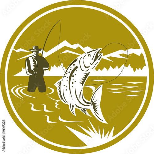Fly Fisherman Reeling Trout Circle Retro