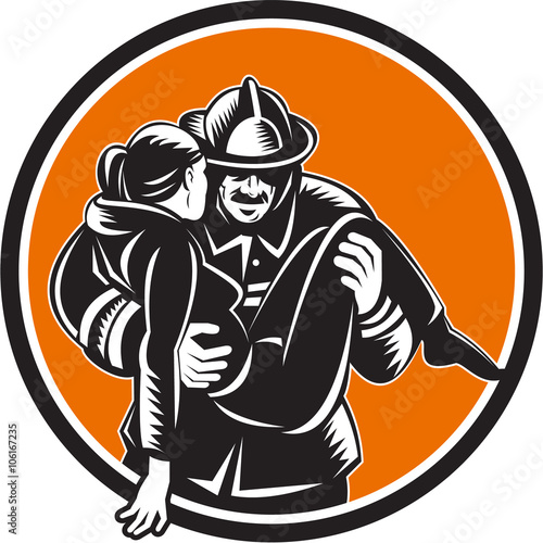 Fireman Firefighter Saving Girl Circle Woodcut