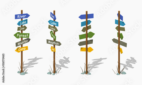 Wooden signpost with the colorful arrows. 3D lowpoly isometric vector illustration. The set of objects isolated against the white background and shown from different sides
