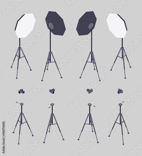 Set of the isometric softboxes, photocameras and tripods. The objects are isolated against the grey background and shown from different sides