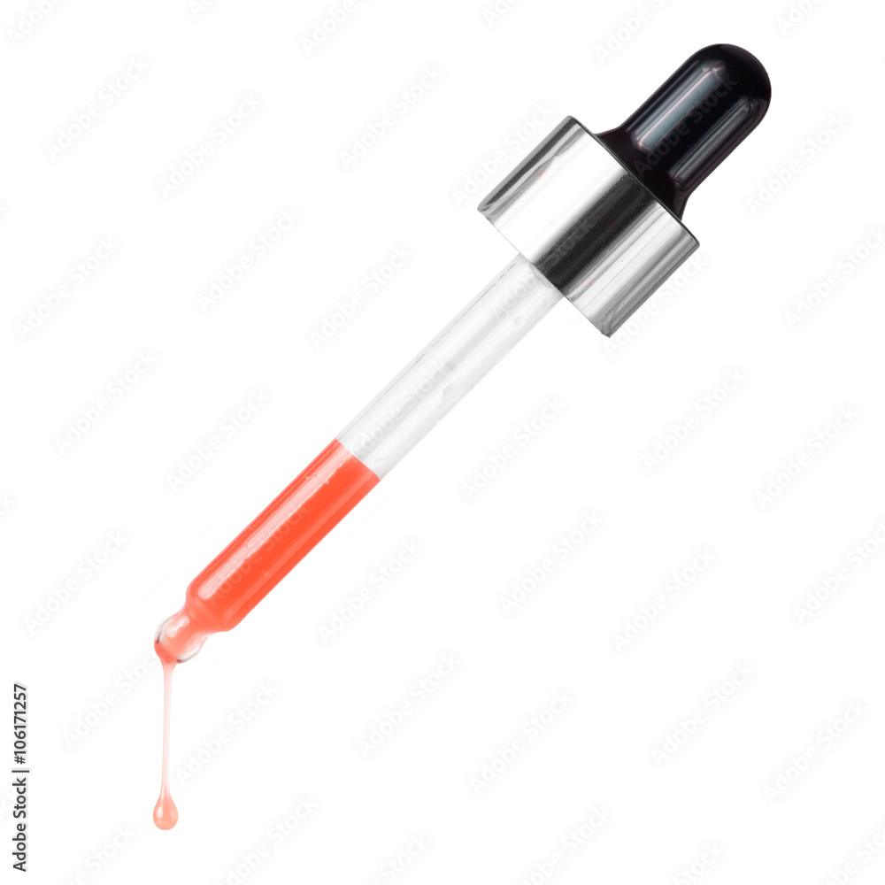 Macro closeup of dropper with droplet with red fluid on white background Macro closeup of dropper with droplet with red fluid on white background