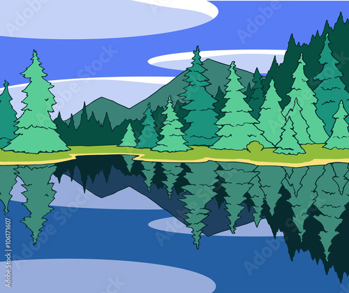 hand drawn beautiful illustration of a mountain landscape with green spruces around the lake © Alexandra Petruk