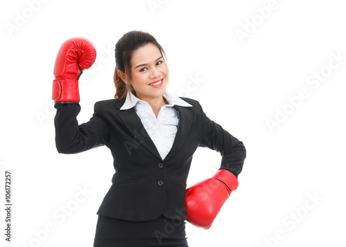 Asian business woman with boxing gloves isolated on white backgr